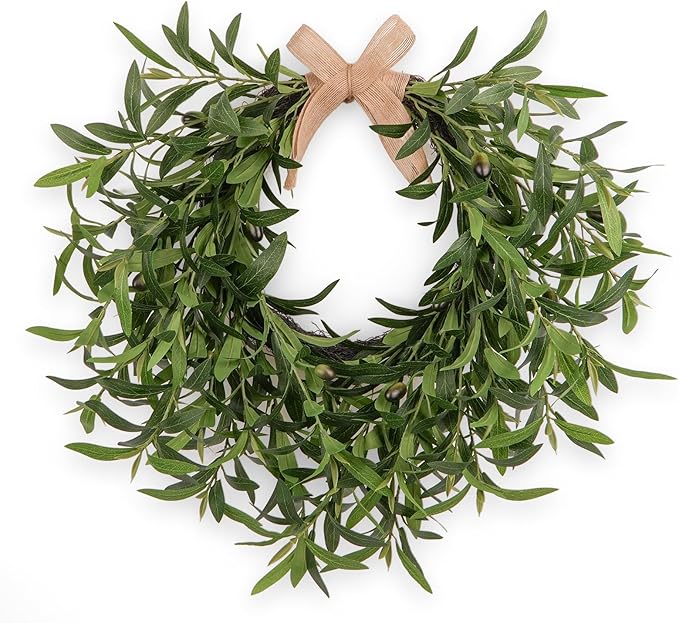 Artificial Olive Wreath for Front Door - 22 Inch Faux Greenery Wreath with Burlap Bow & Olives - Modern Farmhouse Wall Decor, Year Round Spring Summer Wreath for Indoor Outdoor Wedding Entryway