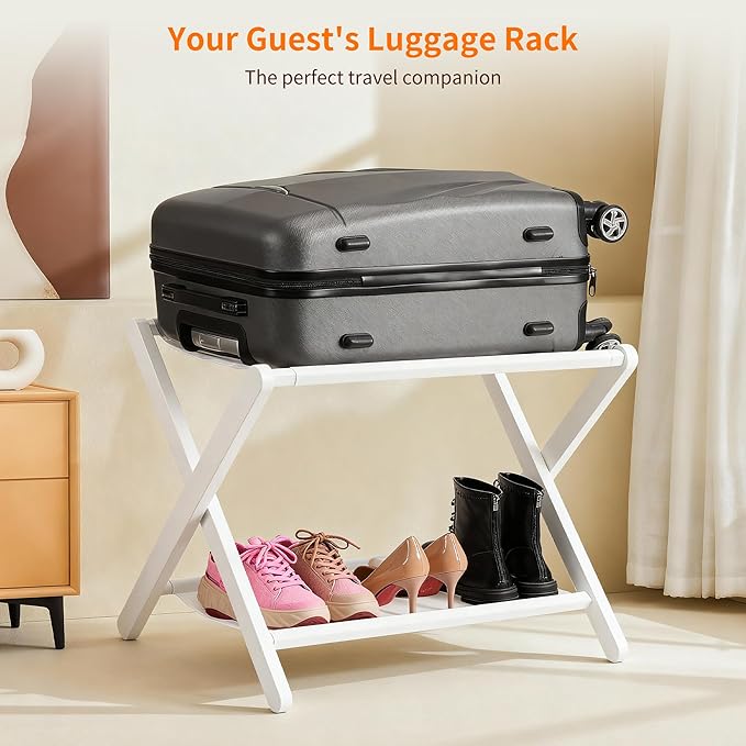 Heybly Luggage Rack, Pack of 2, Folding Suitcase Stand with Storage Shelf, Heavy-Duty Luggage Holder for Guest Room Bedroom Hotel, Holds up to 165 lb, White, HLR010W2