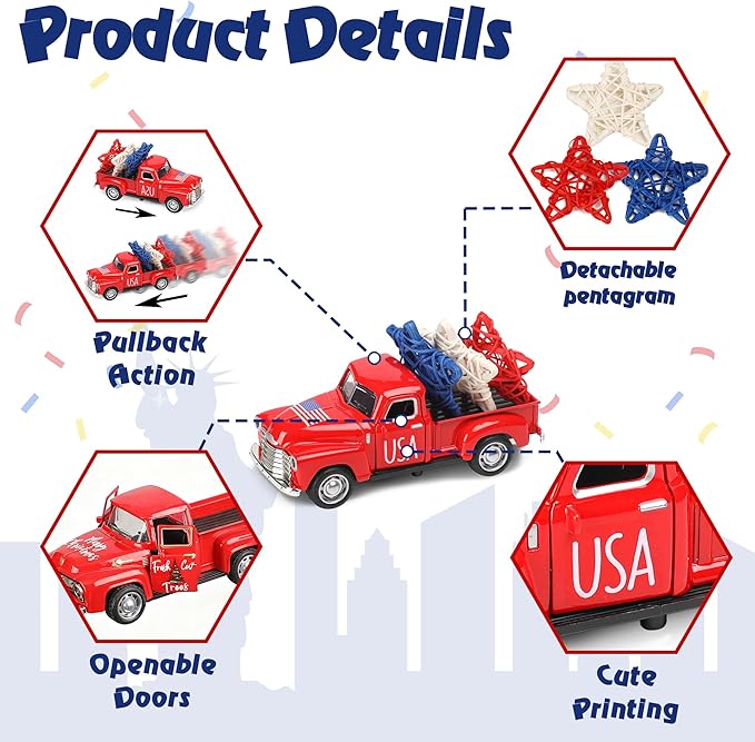 4th of July Truck Decorations - Farmhouse Metal Truck Car Decor with Stars Decorations, Patriotic Centerpieces for Tables - Lndependence Day Memorial Day Red White and Blue Tiered Tray Decor
