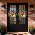 24 Inch Spring Wreaths for Front Door,Spring Wreaths,Spring Summer Door Wreaths with Yellow and Pink Dahlia Hydrangea Peony Flower Wreath for Outside Indoor Outdoor Home Porch Wall Decor