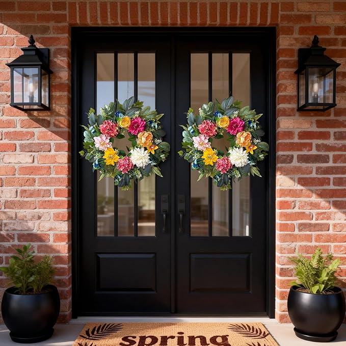 24 Inch Spring Wreaths for Front Door,Spring Wreaths,Spring Summer Door Wreaths with Yellow and Pink Dahlia Hydrangea Peony Flower Wreath for Outside Indoor Outdoor Home Porch Wall Decor