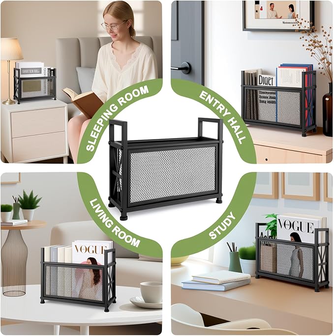 Magazine Rack & Holder – Multi-Purpose Storage Organizer for Magazines, Books, Newspapers, Mail, Tablets | Sturdy Black Basket for Home, Office, Bathroom | Sleek Design & Easy Assembly