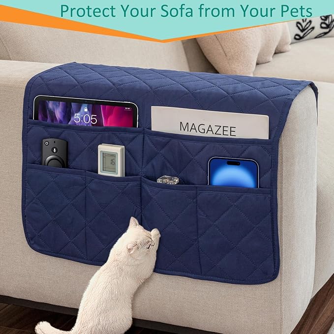 Sofa Armrest Organizer with 6 Pockets, Non-Slip Couch Recliner Armchair Caddy, Washable Remote Controls Holder, Storage for Magazine, Tablet (Navy)