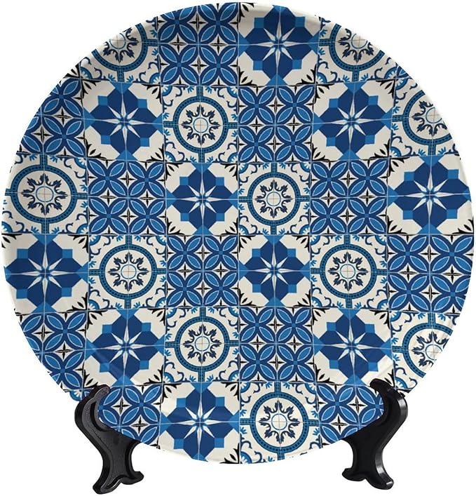 Turkish Decorative Plates, 6 Inch, Blue And White Round Display Plate, Home Wobble-Plate with Display Stand, for Living Room, Kitchen, Closet, Table Decor