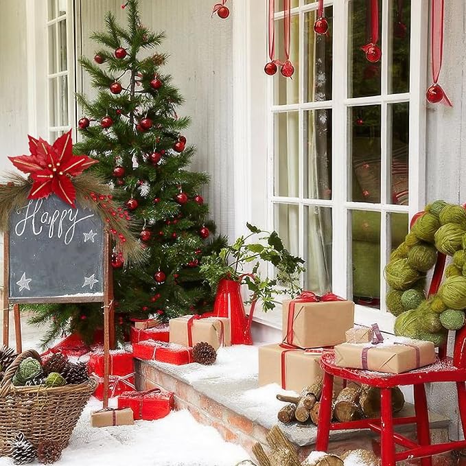CITYES Christmas Swag Decoration Floral Swag with Berries and Silk Poinsettia Flowers Pine Needles Greenery 41.34 Inch Christmas Swag Xmas Door Swag for Front Door Festival Decor Wall Arch Window