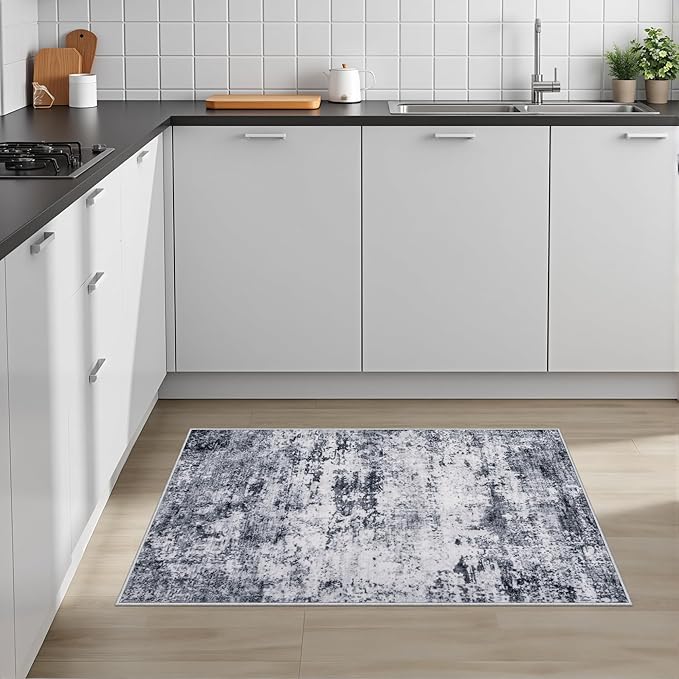 Washable Area Rug 2x3 Entryway Rug: Washable Modern Abstract Soft Thin Rug Indoor Floor No Slip Stain Resistant Carpet for Bedroom Dining Room Farmhouse Nursery Home Office - Grey