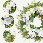 Idyllic 22 Inch Summer Wreaths for Front Door - White Blue Flowers on Green Foliage Base for Seasonal Home Outdoor Decor