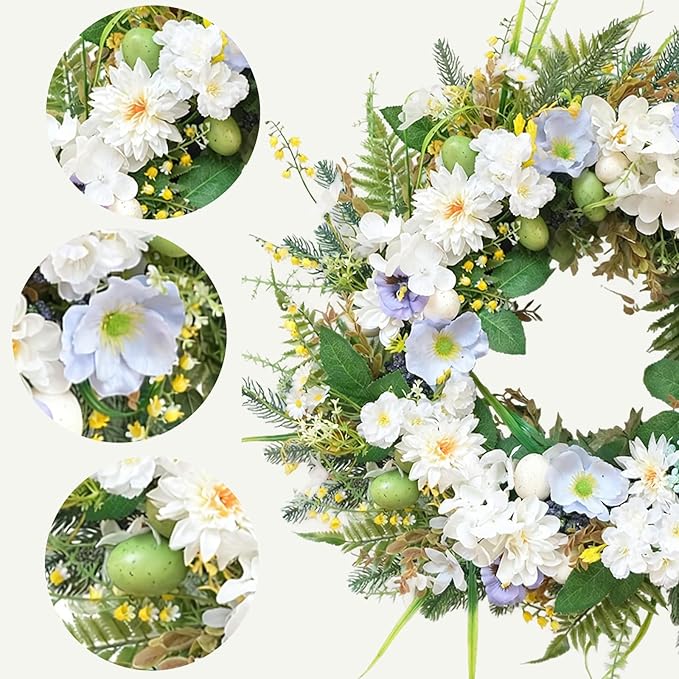 Idyllic 22 Inch Summer Wreaths for Front Door - White Blue Flowers on Green Foliage Base for Seasonal Home Outdoor Decor