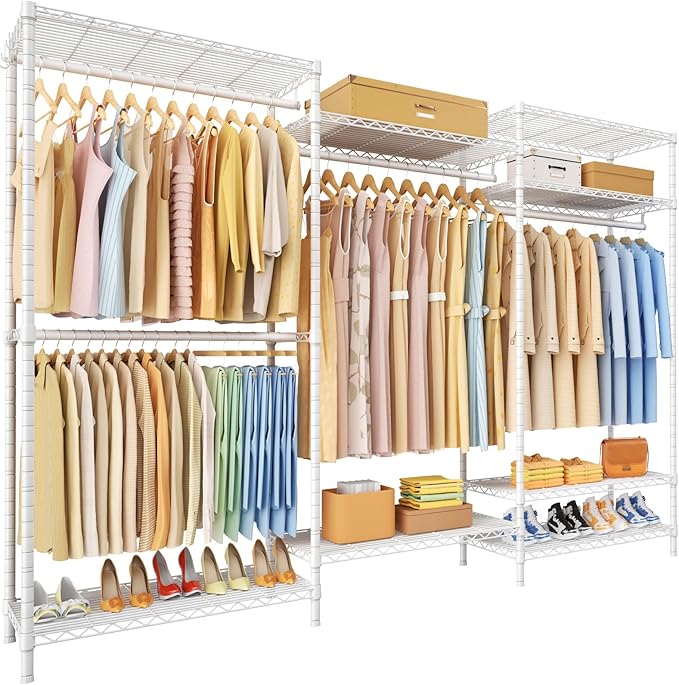 Ulif E13 Pro Heavy Duty Clothes Rack（With 4 Hanger Rods & 8 Shelves） Freestanding Clothing Racks for Hanging Clothes，Adjustable Closet，Metal Garment Rack 75" W x16 D x77 H，Max Load 1000LBS，White