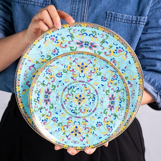 KAMMAK Decorative Plates Set for Display, Blue Ceramic Plate Decor with Stand, Handmade Vintage Porcelain Ornament for Table, Living Room, Kitchen, Office, Perfect Chinese Style Dish Gift (8in+10in)