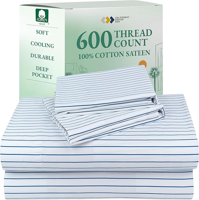California Design Den Printed Striped Bed Sheets Full Size Set - 600 Thread Count, 100% Cotton Sateen, Premium Deep Pocket Full Sheet Set - Classic Blue Stripe Print