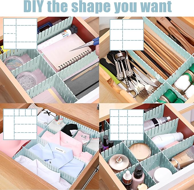 JEPELUS 8PCS Drawer Divider - 14.5in*2.7in/37cm*7cm, DIY Grid Drawer Dividers for Kitchen Bathroom Office Nursery, Plastic Drawers Separators for Socks Underwear Dresser Baby Clothes Medicines - Blue