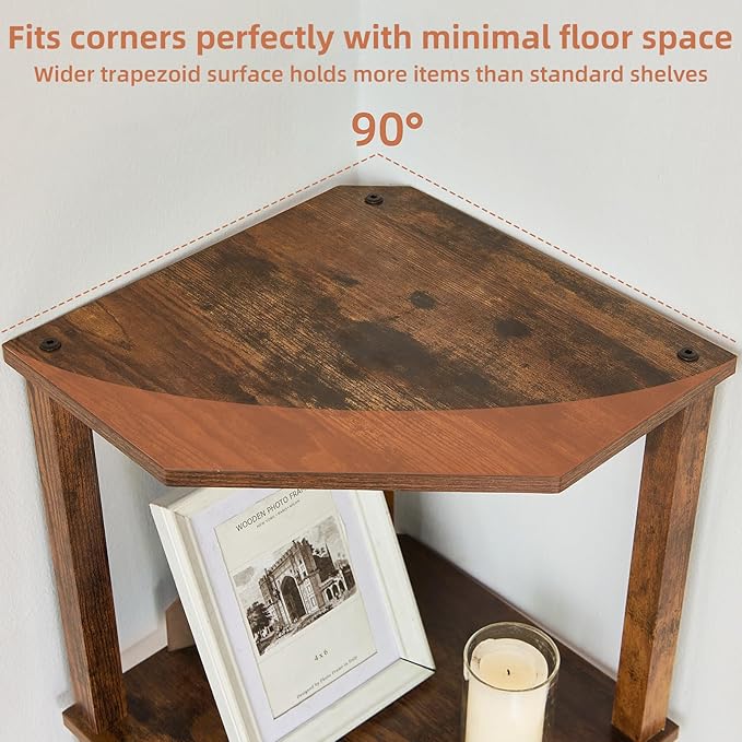 YUFAM 5-Tier Corner Shelf with Sturdy 5-Leg Base, Wooden Corner Bookshelf for Small Spaces, Corner Standing Shelf for Living Room, Bedroom, Office, Brown
