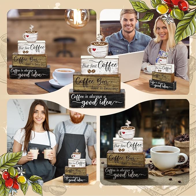 Moucuny 4 Pcs Wooden Coffee Bar Tabletop Decor Coffee Tiered Tray Decor Rustic Wood Bar Sign Gift Farmhouse Table Centerpiece Farmhouse Decorations for Home Kitchen