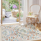 Moynesa Floral Washable Area Rugs, 3x5 Rugs for Bedroom Non Slip Soft Entry Rug, Boho Flower Small Living Room Throw Rug Ultra Thin Floor Carpet for Dorm Bathroom Nursery, Beige