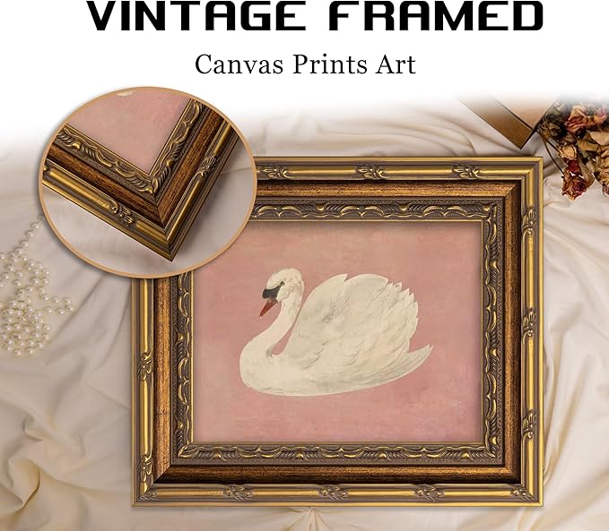 Vintage Gold Framed Wall Art Retro White Swan Cottagecore Canvas Print Neutral Moody Bird Painting Picture Rustic Farmhouse Pink Antique Swan Poster Artwork for Living Room Bedroom