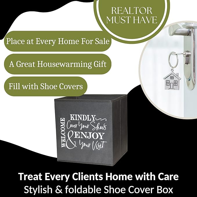 Shoe Cover Box - Welcome Guests to Please Cover Shoes. Indoor Foldable Storage Bin to Fill w/your Favorite Booties. For Homeowner, Real Estate Agent, Realtor Open House Supplies | 1 Grey & White