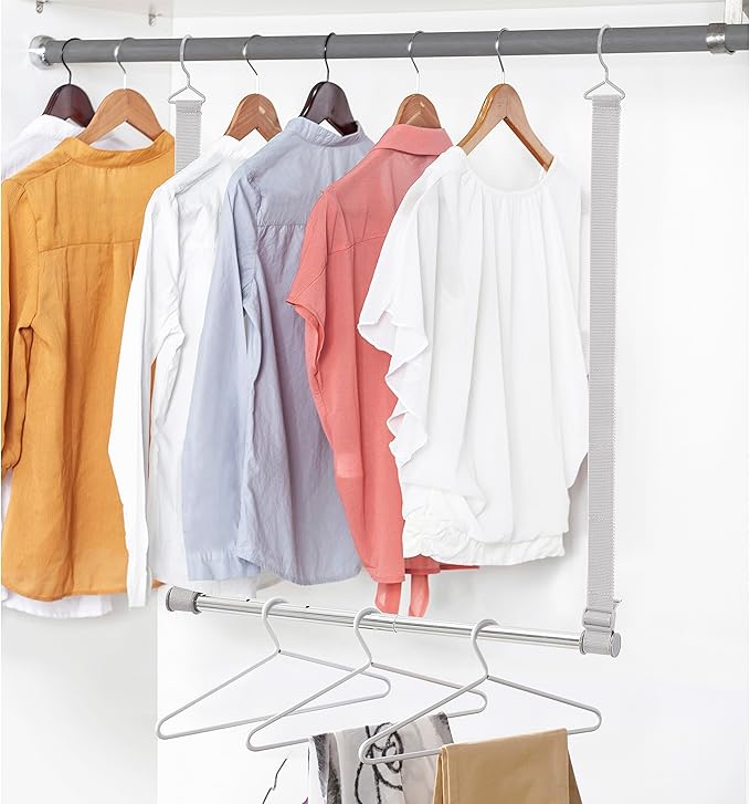 STORAGE MANIAC Hanging Closet Rod, Adjustable Width and Height Closet Hanging Organizer, Space-Saving Clothes Hanging Bar, Closet Extender Hanging Rod Double Closet Hanging Rod, 2 Pack Webbing