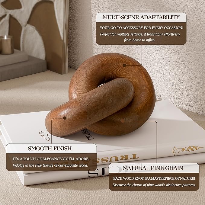 EOSAHR Decorative Pine Wood Knot Decor – Farmhouse 2-Link Wooden Chain Link Decor for Coffee Table, Side Table & Book Shelf – Simple Modern Home Décor Accents for Spaces (Brown)