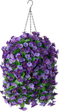 Artificial Flowers with Hanging Basket, Outdoor Faux Plants Silk Morning Glory Vines, Fake Green Arrangement for Garden Patio Spring Summer Decor(Purple)