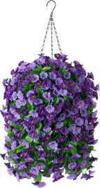 Artificial Flowers with Hanging Basket, Outdoor Faux Plants Silk Morning Glory Vines, Fake Green Arrangement for Garden Patio Spring Summer Decor(Purple)