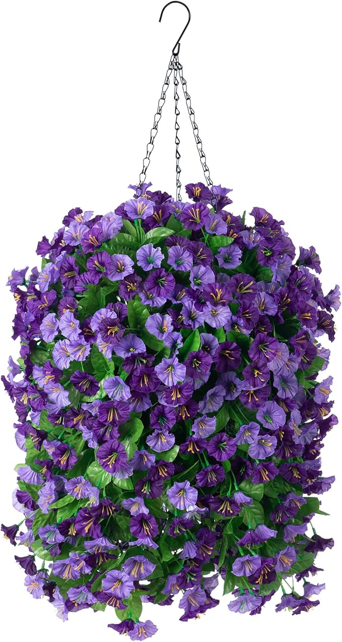 Artificial Flowers with Hanging Basket, Outdoor Faux Plants Silk Morning Glory Vines, Fake Green Arrangement for Garden Patio Spring Summer Decor(Purple)