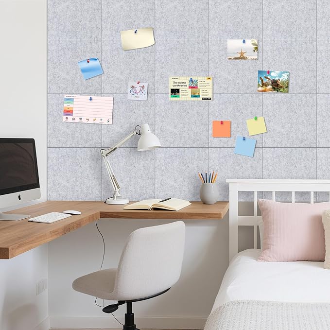 DOLLAR BOSS Felt Cork Board Tiles, 24 Packs 12" x 12" Thick Cork Bulletin Board Self Adhesive Acoustic Panels Soundproof Corkboards for Walls with Pushpins for Home Office Kitchen School, Light Grey