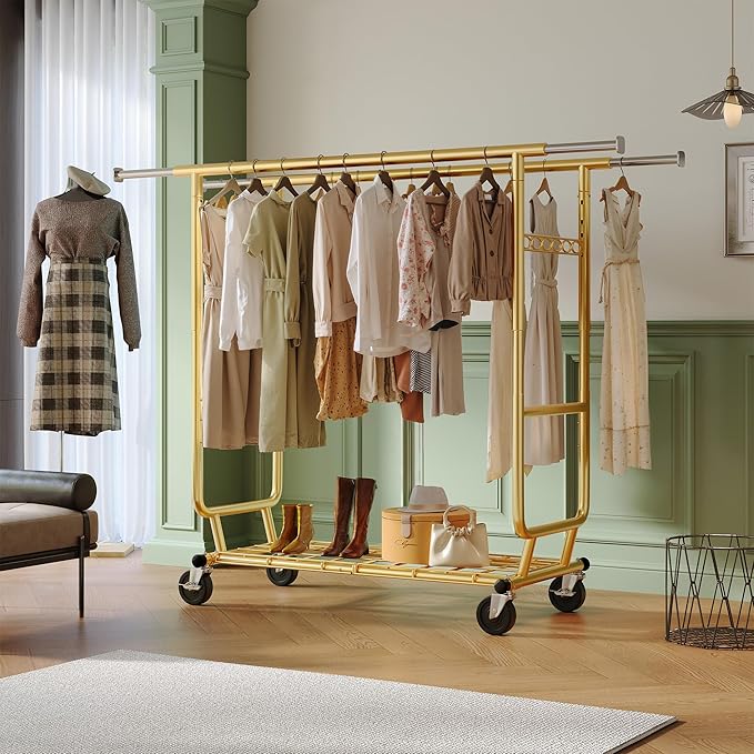 Raybee Clothes Rack Load 630LBS, Heavy Duty Clothes Rack, Rolling Clothing Racks for Hanging Clothes with Wheels, Adjustable & Commercial Garment Rack, 22" D x 75" W x 68" H, Gold