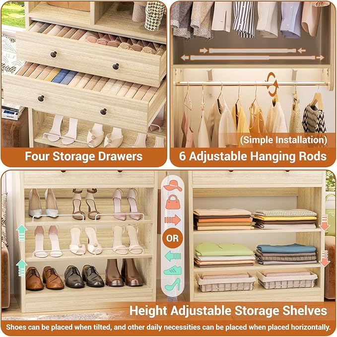 Closet System, Up to 128.6"/10.7 FT Closet Organizer with 4 Wooden Drawers and Shelves, Walk-in Closet System with 6 Hanging Rods, Built-in Closet Can Fit 96"/8FT, 120"/10FT, Greige Oak