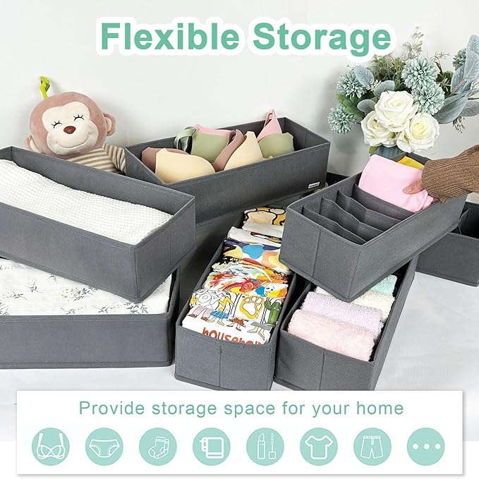 homyfort 8 Pack Dresser Drawer Organizers and Storage Bins for Clothing, Large Drawer Organizer Bins for Baby Clothes, T-Shirts, Bra, Underwear, Socks (Grey)