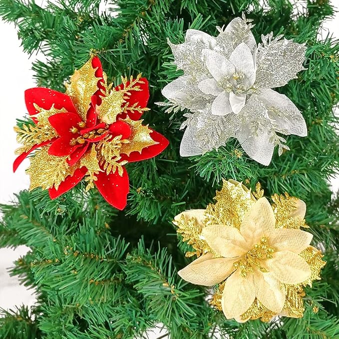 Pack of 12 Silver 5 Inch Glitter Flower Shape Christmas Hanging Ornaments Party Decorating Supplies