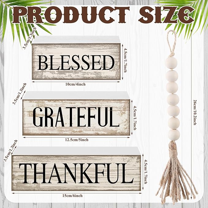 4 Pcs Farmhouse Wooden Tabletop Decor Neutral Farmhouse Tiered Tray Decor Rustic Retro Wood Bead Garland Blessed Grateful Thankful Block Sign Centerpiece for Coffee Home Office Shelf Mantle Table