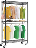Rolling Clothing Rack for Hanging Clothes Heavy Duty Garment Rack with Wheels Metal Adjustable Shelves & Double Hanging Rods H2 Portable Closet for Bedroom, Black Coat Rack