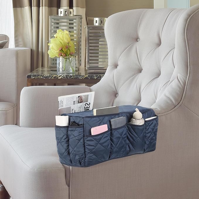 uxcell 2 Pcs Recliner Armchair Caddy, Couch Armrest Organizer with 14 Pockets for Bedside Sofa Remote Control Holder Magazine Phone Book Glasses (Dark Blue, 20" x 7" x 9")