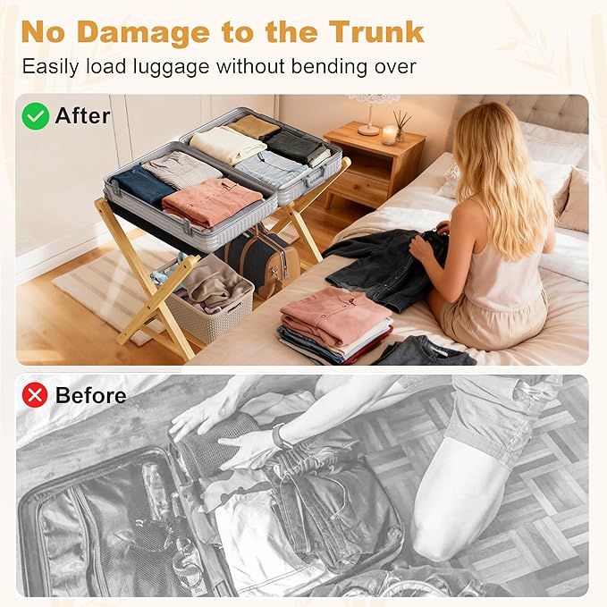 Luggage Racks Set of 2, Bamboo 26.77" Luggage Rack Stand for Guest Room, 5 Nylon Straps, Foldable Suitcase Stand with Storage Shelf for Bedroom Hotel, Holds up to 165 Lbs