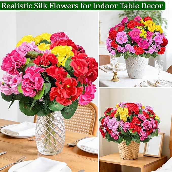 Artificial Geraniums Flowers for Outdoors Spring Decor, 8 Bundles UV Resistant Fake Geraniums Flowers Silk Faux Plants for Home Planter Gardens Table Patio Porch Indoor Summer Cemetery Decor(Color)