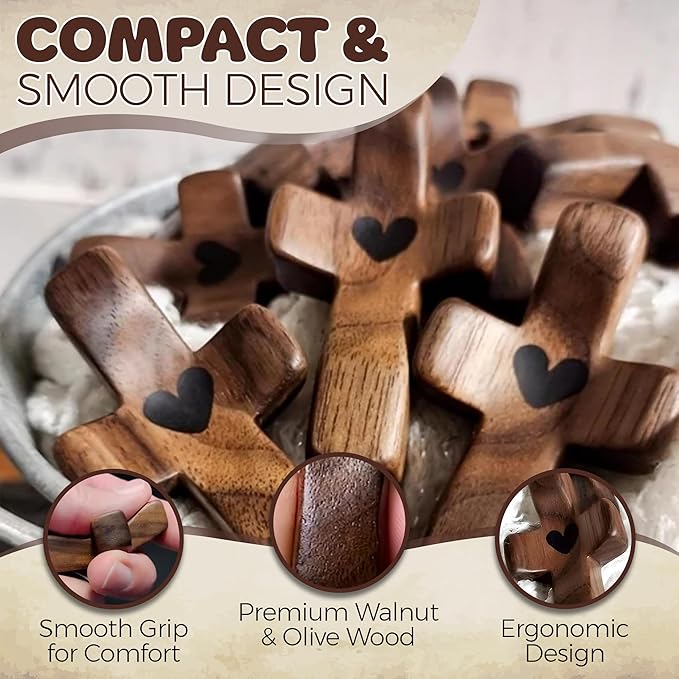 Cross My Heart,Wooden Cross Fidget,Encouragement Gift Stress Relief,Prayer Cross for Hand,Pocket Cross Christian Gifts for Women and Adults(Black 8Pcs
