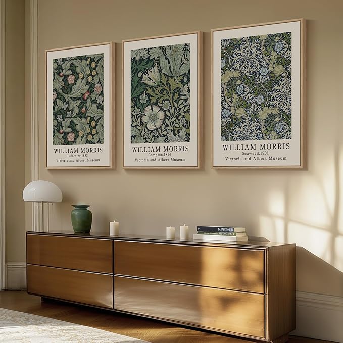 Large Framed William Morris Green Wall Art, 3 Piece Vintage Floral Canvas Prints, Retro Botanical Wall Decor for Living Room Bedroom Hallway Office, 24x36 Inch