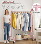 SLEEPING LAMB Heavy Duty Clothing Racks for Hanging Clothes Rack, 43" Wide Rolling Garment Rack Metal Clothing Hanger Rack with Wheels Wardrobe Rack for Coats, Shirts, Dress (Pink)