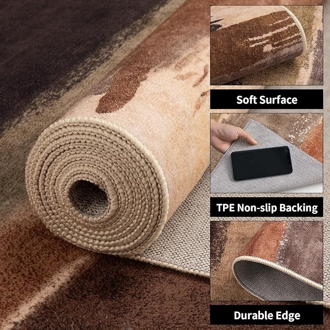 Ciicool 6ft Round Washable Rug, Modern Abstract Circle Rugs, Non-Slip Thin Lightweight Rug Brown Black Circular Print Distressed Carpet for Bedroom Living Room Under Dining Table Home Office Decor