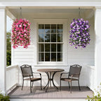 Artificial Fake Hanging Flowers Plants for Outdoor Spring Decoration,2 PCS Faux Silk Morning Glory with Eucalyptus Leaves,UV Resistant Realistic Trailing Vines for Balcony Porch Patio Yard Garden