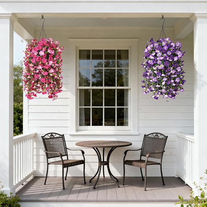 Artificial Fake Hanging Flowers Plants for Outdoor Spring Decoration,2 PCS Faux Silk Morning Glory with Eucalyptus Leaves,UV Resistant Realistic Trailing Vines for Balcony Porch Patio Yard Garden