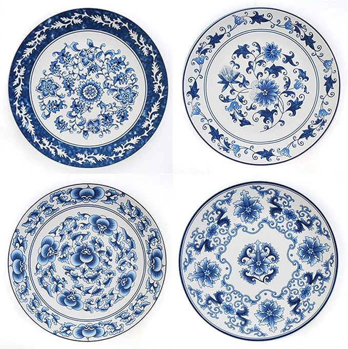 Blue and White Porcelain Decorative Plate of 10.4‘’ 26cm Oriental Floral Pattern Ceramic Ornaments Dessert Plates, 1 Plate with 1 Display Stand