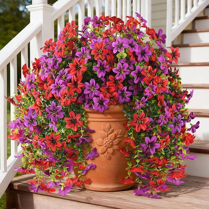 INQCMY Artificial Flowers for Outdoor Faux Hanging Plants Spring Outside Decoration,2Bundles Fake Silk Flowers Realistic Outdoor Flowers No Fade UV Resistant Porch Patio Window Yard Balcony Decor