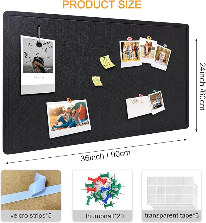 Large Bulletin Board - Foldable 36x24 Inches Cork Board Alternative with 20 Push Pins, 3' x 2' Self-Adhesive Felt Bulletin Board for Wall, Home Office Classroom Decor