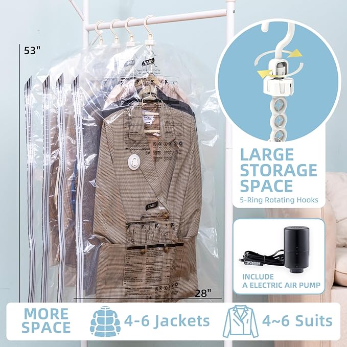 Hanging Vacuum Storage Bags with Electric Pump, 4 Pack (53 x27.5 inch), Vacuum Seal Bags for Clothing, Garment Storage for Short Jacket, Suits, Dresses, Closet Organizer Space Saving