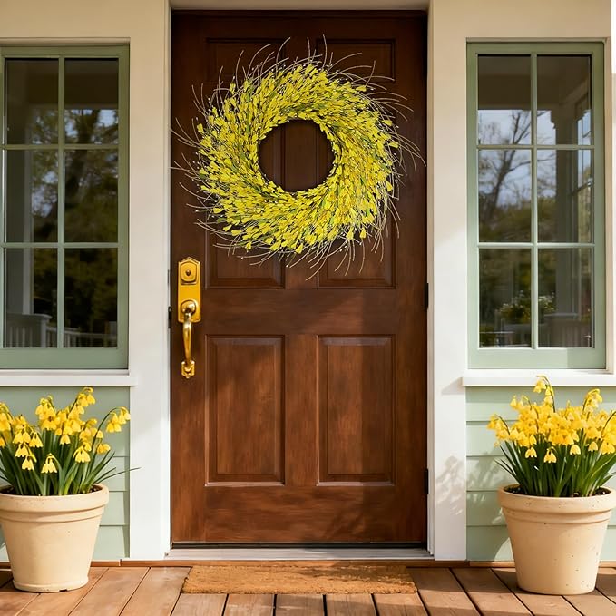 GTIDEA 26 Inch Spring Wreaths for Front Door Large Spring Door Wreath Wild Floral Summer Forsythia Flower Wreaths Outside All Season for Farmhouse Porch Wedding Living Room Home Easter Decor (Yellow)