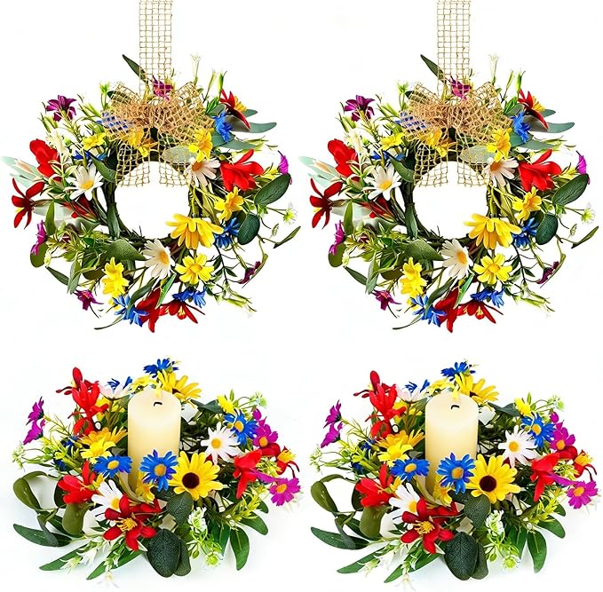 4 PCS 9'' Mini Floral Kitchen Cabinet Wreath Small Artificial Spring Summer Wreath for Front Door with Burlap Ribbon Sunflowers Daisy Butterfly Hanging Farmhouse Wreaths for Porch Wall Window Decor