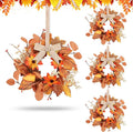 4 Pcs 3 Inch Fall Floral Wreaths Autumn Harvest Sunflowers Pumpkins Leaves Berries Hanging Candle Rings Wreath Mini Thanksgiving Table Centerpiece Wreath for Pillar Cabinets Farmhouse Decoration