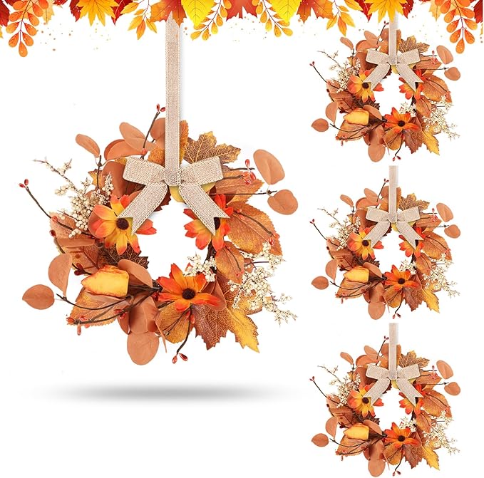 4 Pcs 3 Inch Fall Floral Wreaths Autumn Harvest Sunflowers Pumpkins Leaves Berries Hanging Candle Rings Wreath Mini Thanksgiving Table Centerpiece Wreath for Pillar Cabinets Farmhouse Decoration